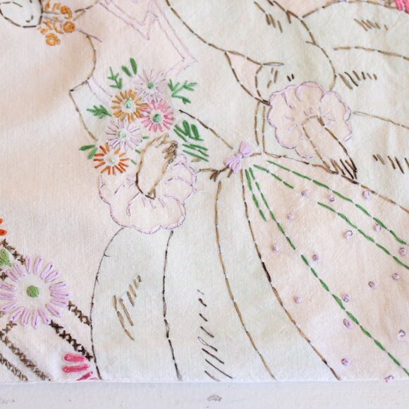 Vintage 1940s Throw Pillow Cover, Embroidered Lady And Flowers Pillowcase - Picture 2 of 10